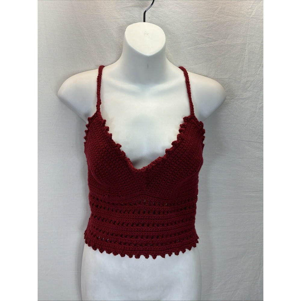 Handmade crochet Tank lace up v-neck MD Burgundy BOHO western hippie whimsigoth